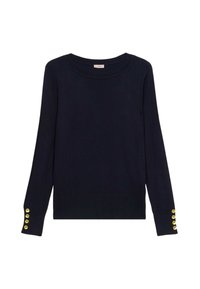 Maglione navy in morbido tessuto a maglia, con scollatura rotonda e maniche lunghe decorate da quattro bottoni dorati sui polsini. Vestibilità slim.