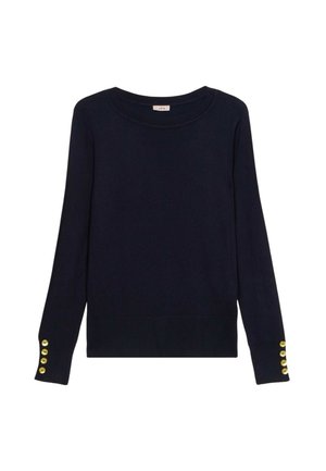 Marineblauwe trui van zachte gebreide stof, met een ronde halslijn en lange mouwen die vier gouden knoopaccenten bij de manchetten hebben. Slim fit.