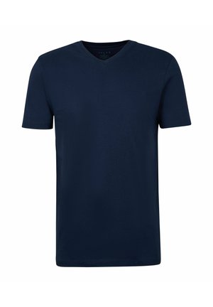Marineblauwe katoenen t-shirt met een v-hals en korte mouwen, effen kleur zonder patronen, soepele textuur en een klassieke pasvorm.