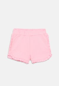 Ροζ βαμβακερά σορτς με βολάν στα πλαϊνά, ελαστική μέση και απαλό υφασμάτινο φινίρισμα. Κλασικός σχεδιασμός και άνετη εφαρμογή.