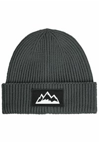 Gray knitted beanie with a folded brim, featuring a black rectangular patch with a white mountain design. Textured, ribbed material.