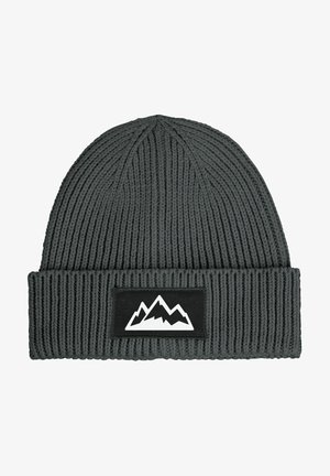 Gray knitted beanie with a folded brim, featuring a black rectangular patch with a white mountain design. Textured, ribbed material.