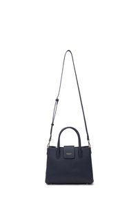 Borsa a mano in pelle texturizzata blu navy con manici superiori doppi e tracolla rimovibile. Presenta una chiusura con pattina anteriore e dettagli in tonalità dorata.
