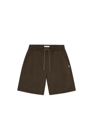 Σκούρα χακί πράσινα σορτς από δίχτυ με ελαστική ζώνη μέσης, λεπτομέρεια με κορδόνι και πλαϊνές τσέπες. Λείο υφή και μήκος μέχρι το γόνατο.