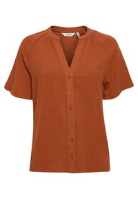 Camisetta a maniche corte di colore ruggine con scollatura a V, chiusura con bottoni, cuciture delle spalle plissettate e vestibilità comoda. Tessuto liscio e leggero.