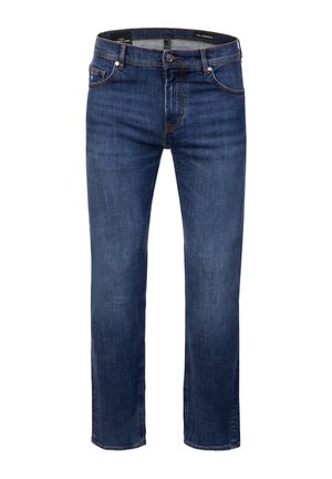 Blå jeans med lige ben, lukkes med knap og lynlås, fem lommer og diskret falmning på forsiden af lårene.