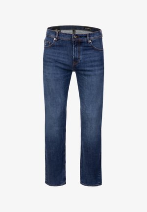 Siniset suorat farkut, joissa napillinen ja vetoketjullinen suljin, viisi taskua ja hillitty haalistuma etureisissä.