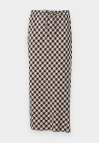 Gonna maxi con vita regolabile, caratterizzata da un motivo a quadri nero e crema, realizzata in tessuto leggero con una texture morbida.