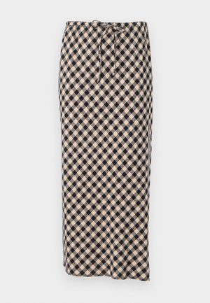 Maxi skirt with a drawstring waist, featuring a black and cream checkered pattern, made of lightweight fabric with a smooth texture.