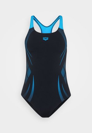 Maillot de bain une pièce noir avec des accents bleus, doté d'un dos nageur et de rayures diagonales bleues, fabriqué en tissu extensible.