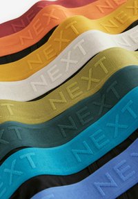 Različni gumijasti trakovi v različnih barvah, vključno z burgundcem, oranžno, rumeno, zeleno, modro in črno, z vtisnjenim logotipom "NEXT".