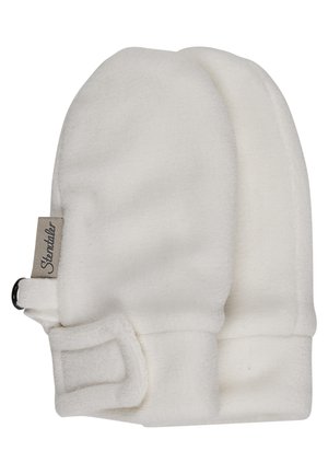 Soft white baby mittens with adjustable wrist straps and a small fabric tag on one side.