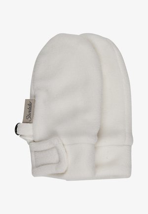 Weiche weiße Babyfäustlinge mit verstellbaren Handgelenkriemen und einem kleinen Stoffetikett an einer Seite.