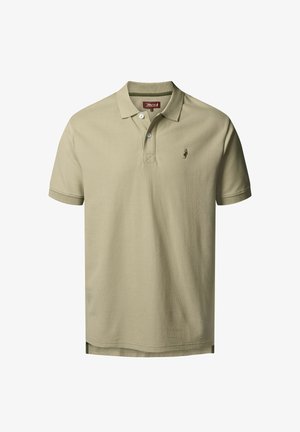 Beige polo shirt made from textured fabric, featuring a three-button placket, short sleeves, and a small embroidered logo on the chest.