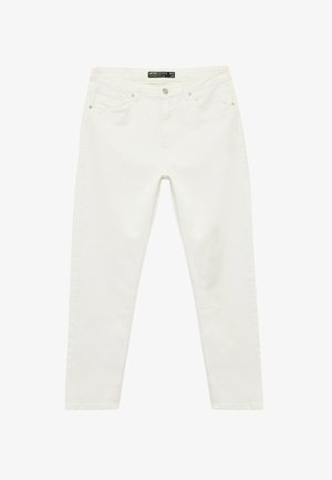 Jeans blancos ajustados en una mezcla de algodón, que presentan un diseño clásico de cinco bolsillos, cierre frontal con botón y cremallera, y una textura sutil.