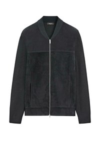Giacca bomber nera realizzata in suede e maglia. Presenta un colletto a coste, maniche lunghe, chiusura frontale con zip e tasche laterali.