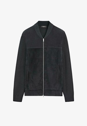 Černá bomber bunda vyrobená z semiše a pleteniny. Má žebrovaný límec, dlouhé rukávy, přední zip a boční kapsy.