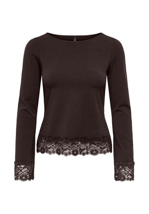 Haut noir à manches longues ajusté avec encolure ronde, orné d'un bord en dentelle à l'ourlet et aux poignets.