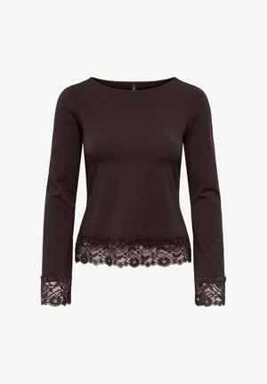 Haut noir à manches longues ajusté avec encolure ronde, orné d'un bord en dentelle à l'ourlet et aux poignets.