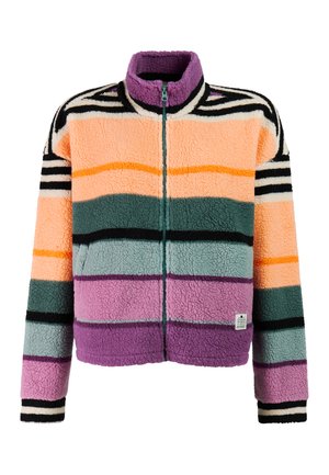 Fleecejack met ritssluiting aan de voorkant, hoge kraag en horizontale strepen in perzik-, groen-, paars-, zwart- en oranjetinten.