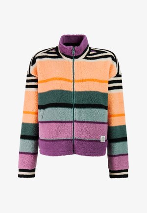 Fleecejack met ritssluiting aan de voorkant, hoge kraag en horizontale strepen in perzik-, groen-, paars-, zwart- en oranjetinten.
