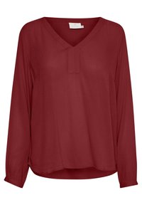 Blouse rouge à manches longues avec col en V et détail de plis subtils à l'avant. Fabriquée en tissu léger et lisse avec une coupe ample.