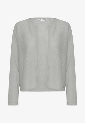 Light grey knitted sweater with long sleeves, round neck, and a relaxed fit. Features subtle texture and a logo tag on the side.