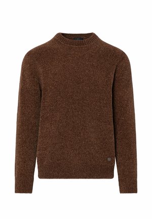 Jersey marrón de punto con cuello redondo, mangas largas y puños y dobladillo acanalados, con una pequeña etiqueta de logo cerca del borde inferior.