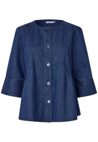 Giacca in denim scuro con collo rotondo, maniche a tre quarti e chiusura frontale con bottoni. Presenta cuciture laterali per una silhouette svasata.