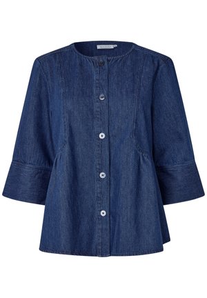 Dark denim jacket with a round neckline, three-quarter sleeves, and a button front. Features side seams for a flared silhouette.
