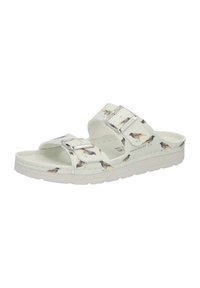White sandals with two adjustable silver buckles, featuring a bird print design. Made of smooth material with a textured sole for grip.