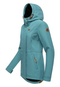 Türkise pehmest kerestest jakk, millel on kapuuts, tõmblukuga taskud ja dekoratiivnupud. Omab kitsast disaini ja kontrastset musta voodrit.