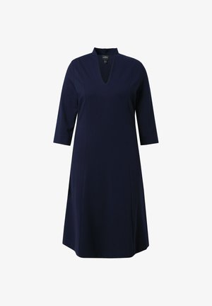 Abito blu navy con scollatura a V, maniche a tre quarti e orlo svasato. Realizzato in un tessuto leggero e morbido senza motivi visibili.