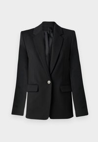 Black blazer with notched lapels, single-button closure, two front pockets, and structured shoulders. Smooth fabric with a tailored fit.