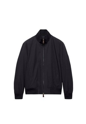 Black bomber jacket made from lightweight material, featuring a high collar, front zipper, and elastic cuffs and hem. Clean, minimal design.