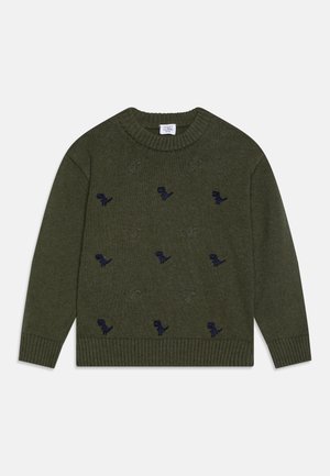 Pull en maille vert olive avec poignets et ourlet côtelés, présentant de petits motifs de dinosaures bleu marine et vert foncé sur le devant.