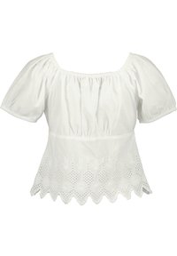 Blusa bianca in cotone con scollo off-the-shoulder, maniche a sbuffo corte e ricamo a occhiello decorativo all'orlo. Tessuto leggero e testurizzato.
