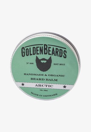 Pyöreä tina Arktista partavoide, mintunvihreä etiketti mustalla tekstillä, jossa on partagrafiikka, valmistettu Tanskassa, 30 ml koko.