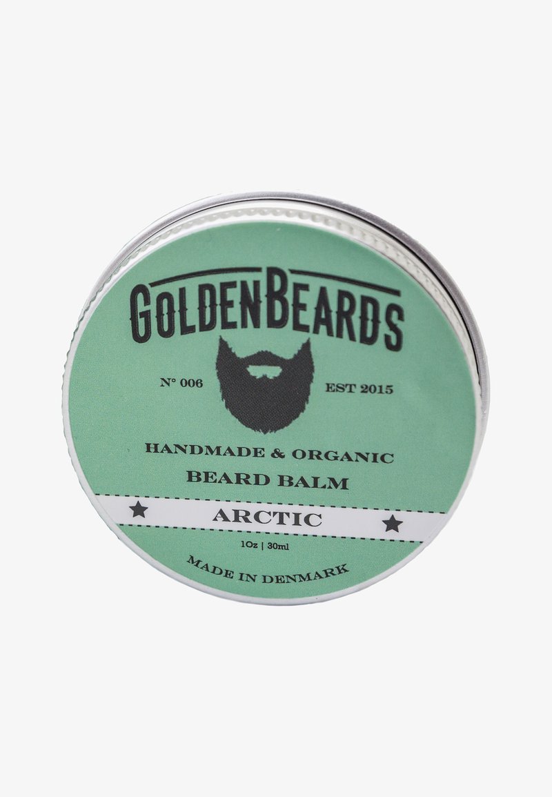 Rund tin af Arctic skægbalsam, mintgrøn etiket med sort tekst, der viser et skæg-tryk, lavet i Danmark, størrelse 30ml.