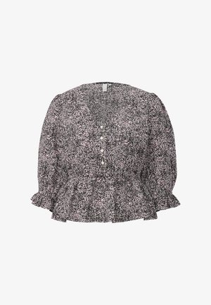 Kwiatowa bluzka peplum w kolorze czarnym i różowym, z długimi bufiastymi rękawami, dekoltem w kształcie litery V, pięcioma guzikami oraz marszczoną talią.