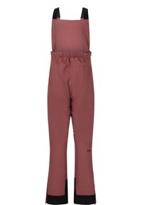 Rosa wasserdichte Schneehose mit verstellbaren Trägern, elastischem Bund und schwarzen Akzenten am Saum. Glatte Textur und strapazierfähiges Material.
