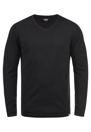 Czarna, długosleeve'owa koszulka z dekoltem w serek wykonana z miękkiego bawełnianego materiału o gładkiej teksturze i minimalnych detalach szwów na hemie i mankietach.