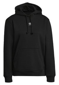 Svart hoodie i en bomullsblandning med en kenguruficka. Har en huva med dragsko och en liten vit logotyp på bröstet. Klassisk design.