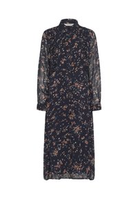 Rochie florală de un albastru marin, cu mâneci lungi și transparente, guler și detalii volanate. Prezintă un model floral în nuanțe de portocaliu și alb.