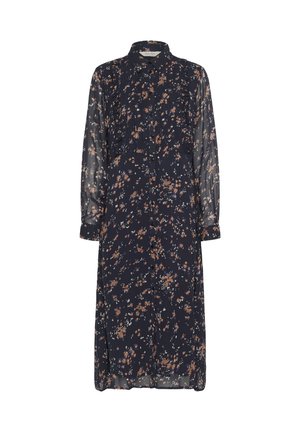Abito floreale blu navy con maniche lunghe trasparenti, colletto e dettagli arricciati. Presenta un motivo floreale in arancione e bianco.