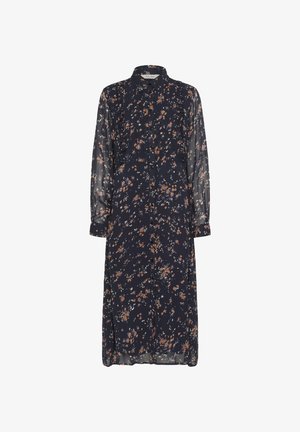 Robe florale bleu marine avec de longues manches transparentes, un col et des détails en volants. Présente un motif floral en orange et blanc.