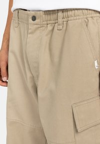Shorts cargo beige con cintura elasticizzata, bottone frontale e dettagli delle tasche laterali; realizzati in un tessuto robusto e testurizzato.