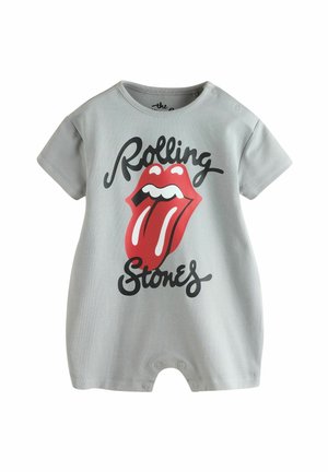 Grenouillère bébé grise à manches courtes avec logo langue rouge des Rolling Stones et texte noir "Rolling Stones" sur le devant, pressions à l'épaule et en bas.