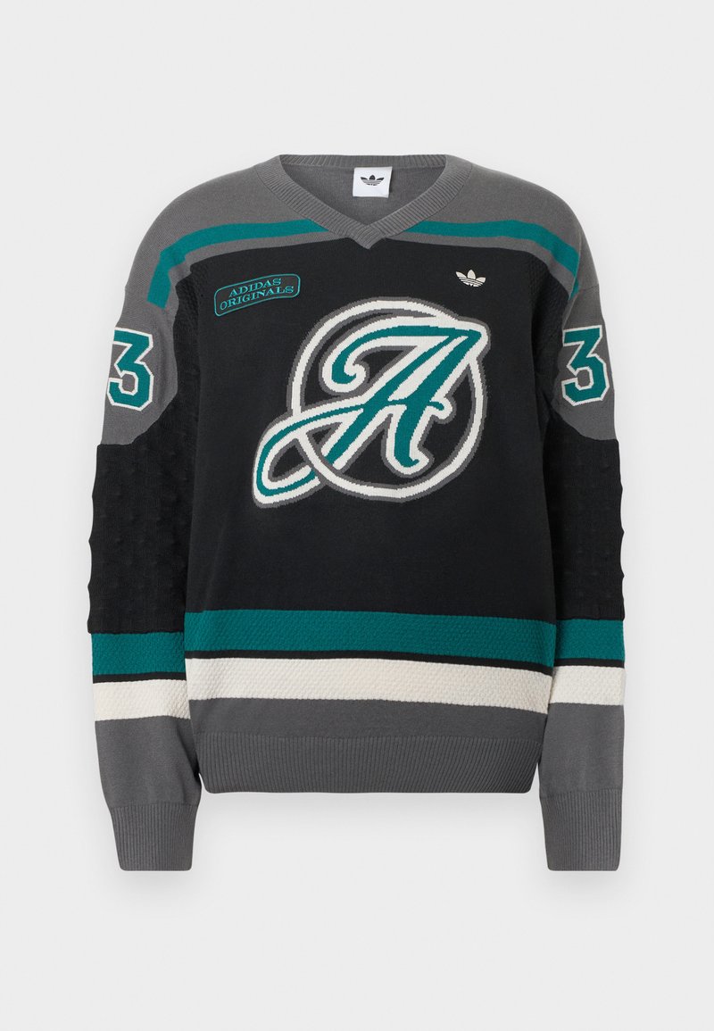 Pull en tricot noir avec col en V, rayures diagonales turquoise et grises, grand logo lettre "A", et ourlet contrastant avec des rayures. Taille 3.