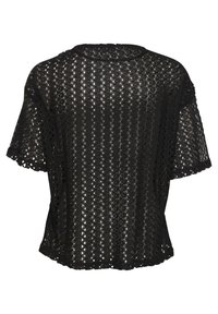 Czarny krótki sweter z krótkim rękawem o otwartym, koronkowym wzorze. Posiada okrągły dekolt i falbankowane zakończenie dolnej krawędzi.
